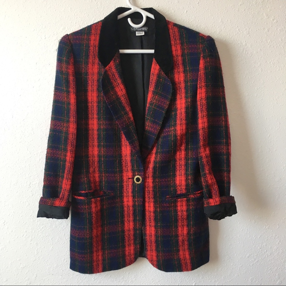 Vintage Plaid Blazer with Velvet Collar